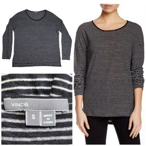 VINCE Linen Black & White Striped Long Sleeve Oversized Tee Womens Size Small
